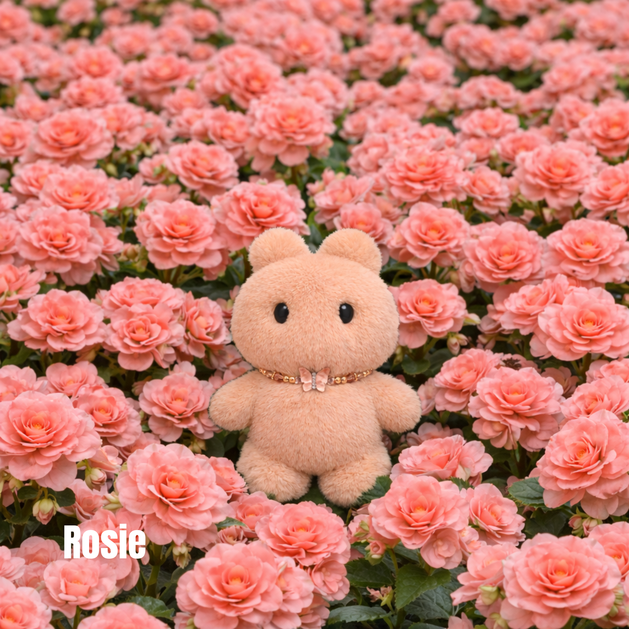 Plush pendant with 'Rosie' tag among pink flowers