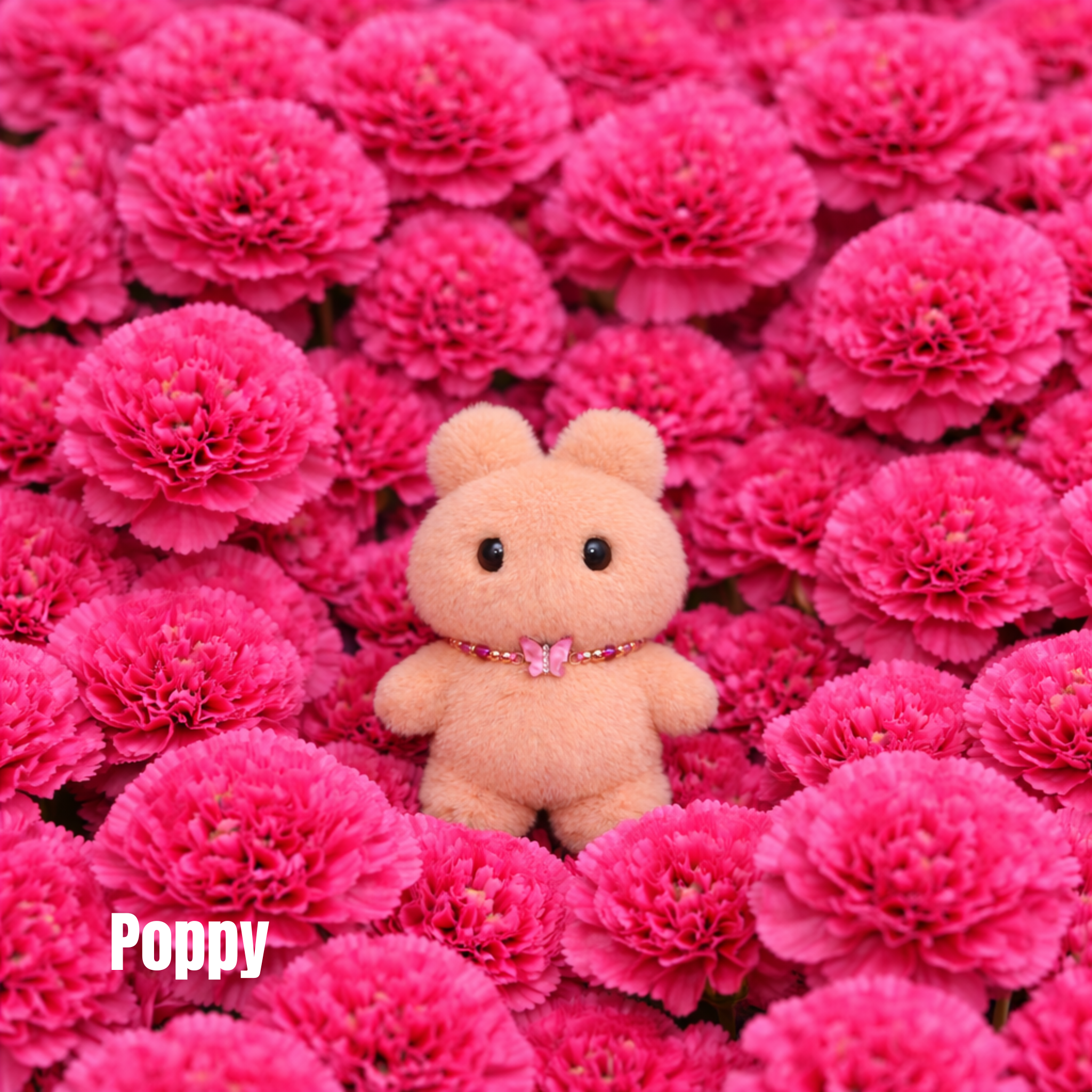 Plush pendant with 'Poppy' name tag among hot pink flowers