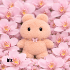 Plush pendant with 'Iris' name tag among light pink orchid flowers