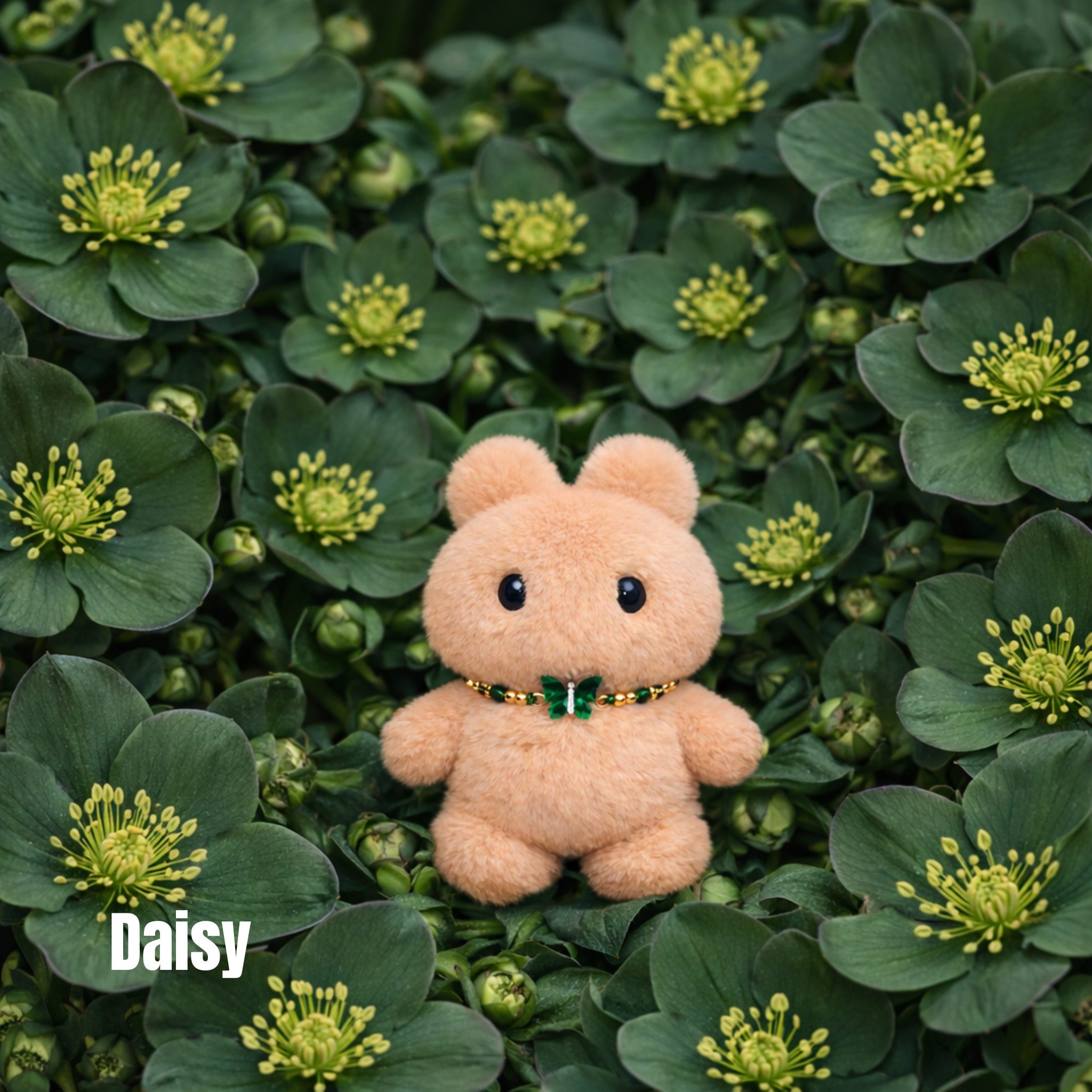 Plush pendant with 'Daisy' name tag among dark green flowers