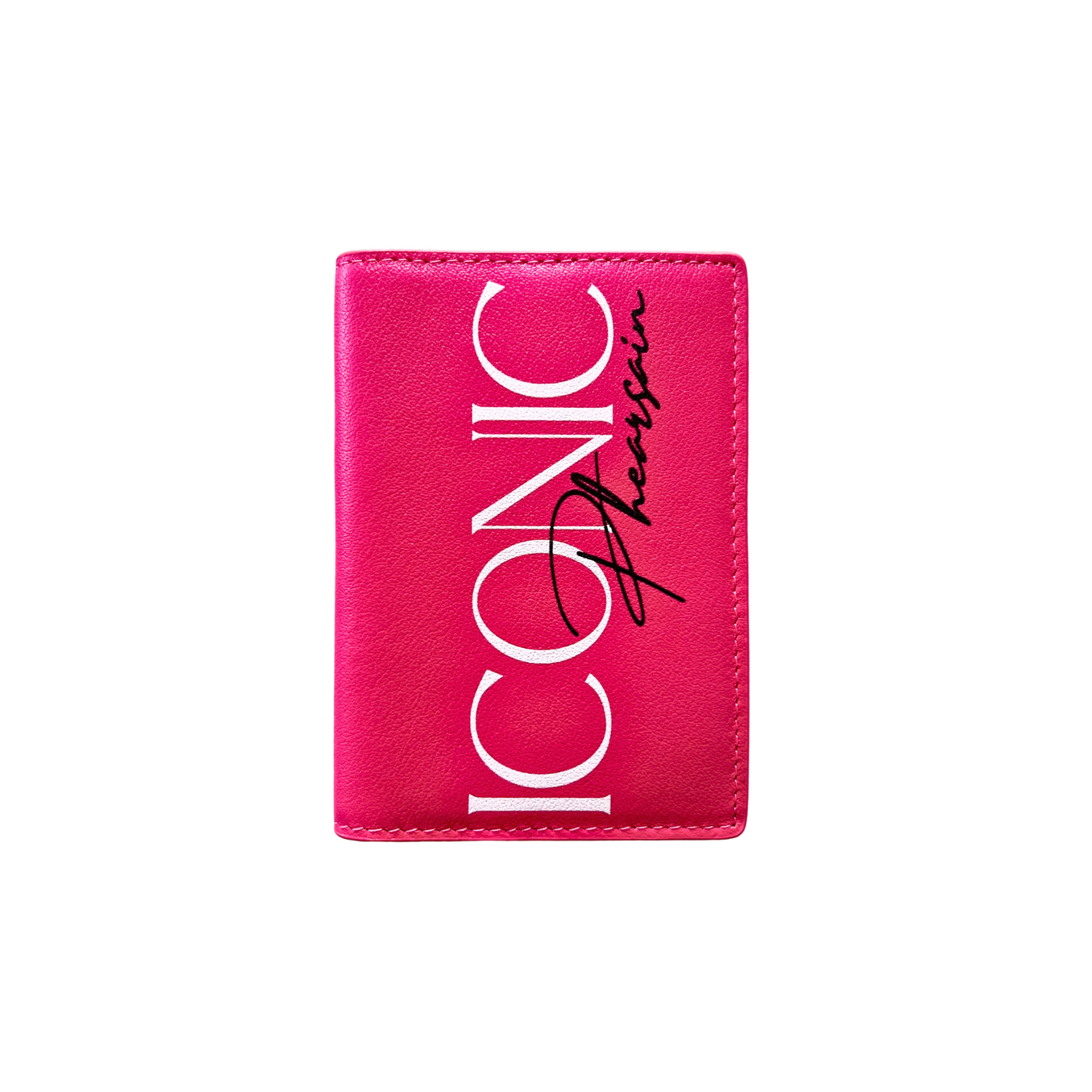 Pink cardholder with 'Iconic' branding on a white background