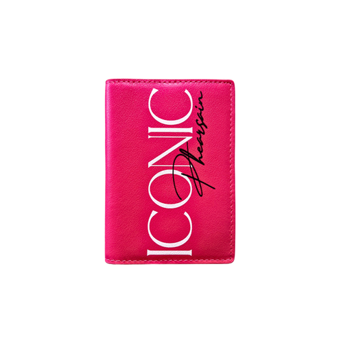 Pink cardholder with 'Iconic' branding on a white background